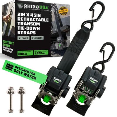 Rhino USA Retractable Boat Trailer Tie Down Straps 2PK  Durable (2in x 43in) Trailer Mount Transom Straps for Boat, Jet Ski  Stainless Steel  Salt Water Compatible