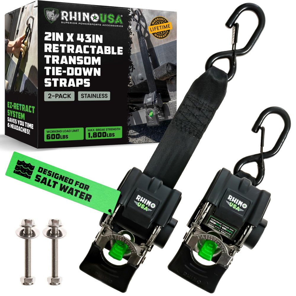 Rhino USA Retractable Boat Trailer Tie Down Straps 2PK  Durable (2in x 43in) Trailer Mount Transom Straps for Boat, Jet Ski  Stainless Steel  Salt Water Compatible