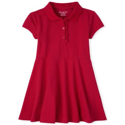 The Children's Place,Short Sleeve Ruffle Polo Dress,Ruby,Large (10/12)