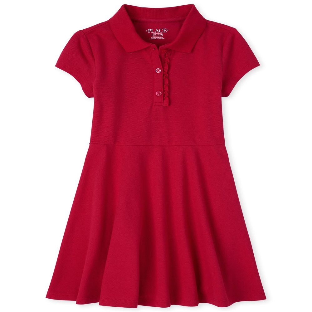 The Children's Place,Short Sleeve Ruffle Polo Dress,Ruby,Large (10/12)