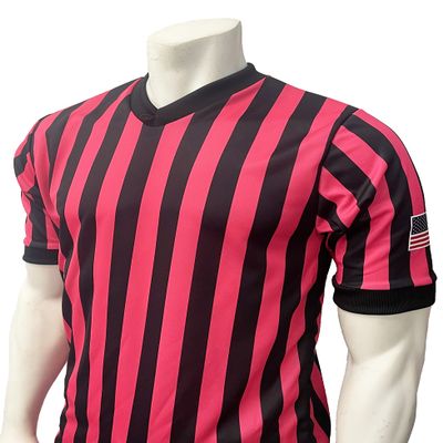 Smitty | USA-200-PINK | Pink Black 1" Stripe Men's Basketball Referee Shirt USA Flag | Official Performance Mesh (XL)
