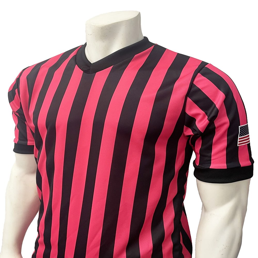 Smitty | USA-200-PINK | Pink Black 1" Stripe Men's Basketball Referee Shirt USA Flag | Official Performance Mesh (2XL)