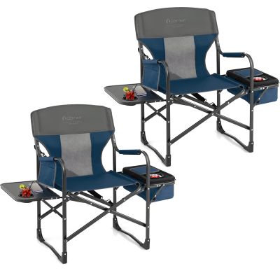 COSTWAY 2-Pack Folding Camping Chair, Heavy-Duty Director Chair Supports 400lbs for Adults with Side Table, Cooler Bag, Storage, Strap, Portable Makeup Chair Set of 2 for Fishing Picnic, Blue