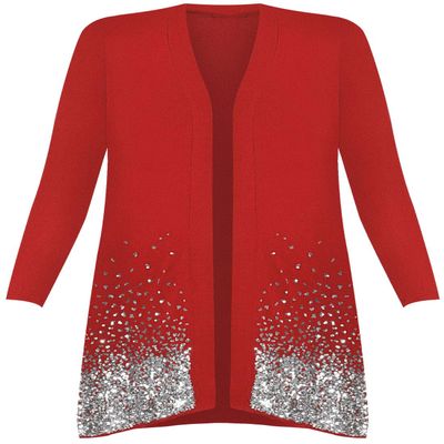 Womens Ladies Fancy Long Sleeve Open Front Sequin Pattern Sparkle Cardigan Top Red US 18-20