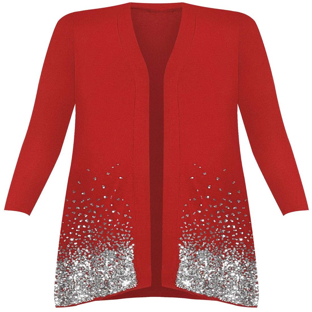 Womens Ladies Fancy Long Sleeve Open Front Sequin Pattern Sparkle Cardigan Top Red US 18-20