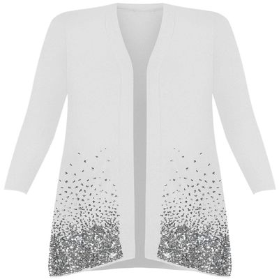 Womens Ladies Fancy Long Sleeve Open Front Sequin Pattern Sparkle Cardigan Top White US 18-20