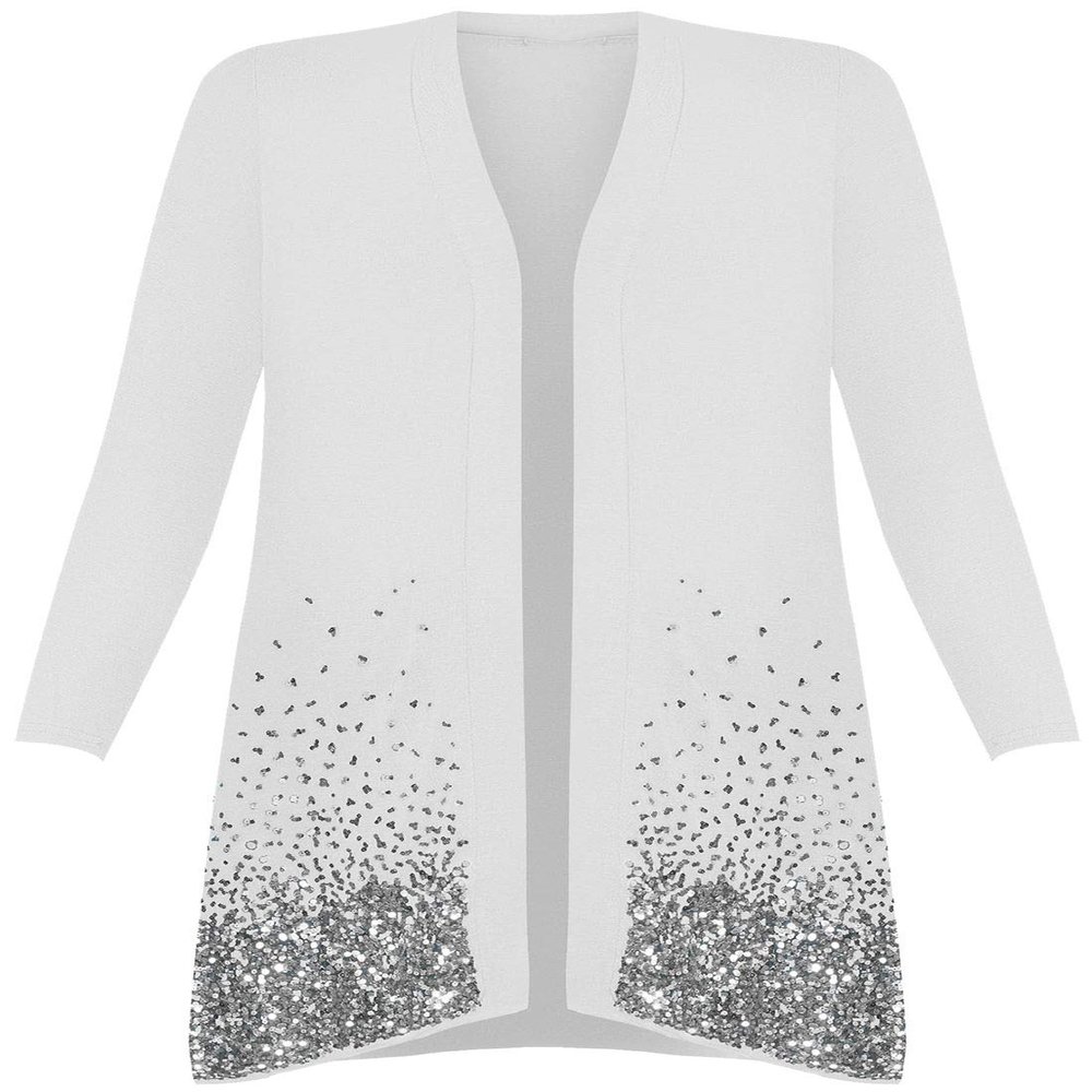 Womens Ladies Fancy Long Sleeve Open Front Sequin Pattern Sparkle Cardigan Top White US 18-20