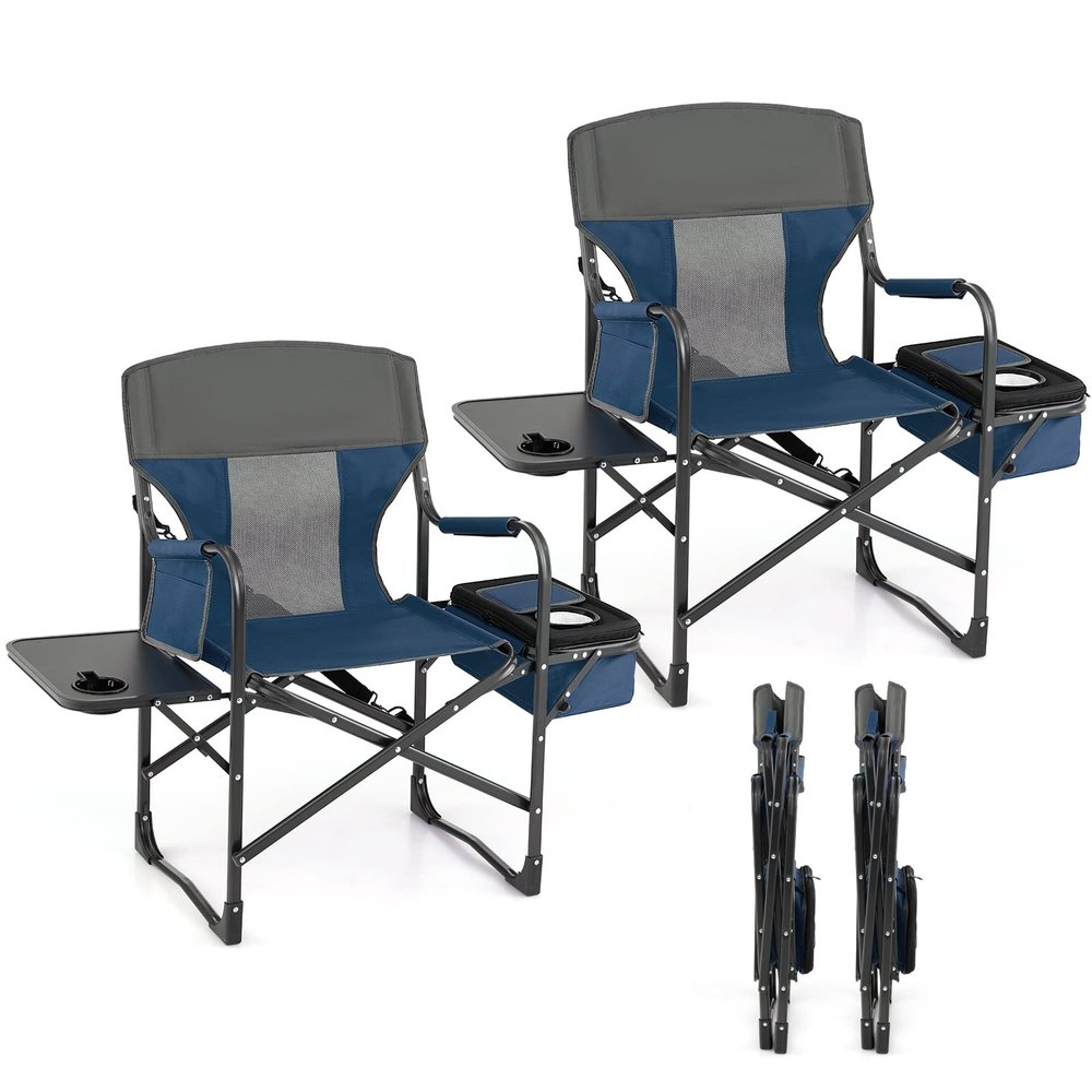Giantex 2 PCS Camping Chair, Folding Directors Chair with Side Table, Pocket, Cooler Bag, Shoulder Strap, Handle, Artist Chair, Makeup Chair, Support 400 Lbs Lawn Chair for Fishing Picnic, Blue