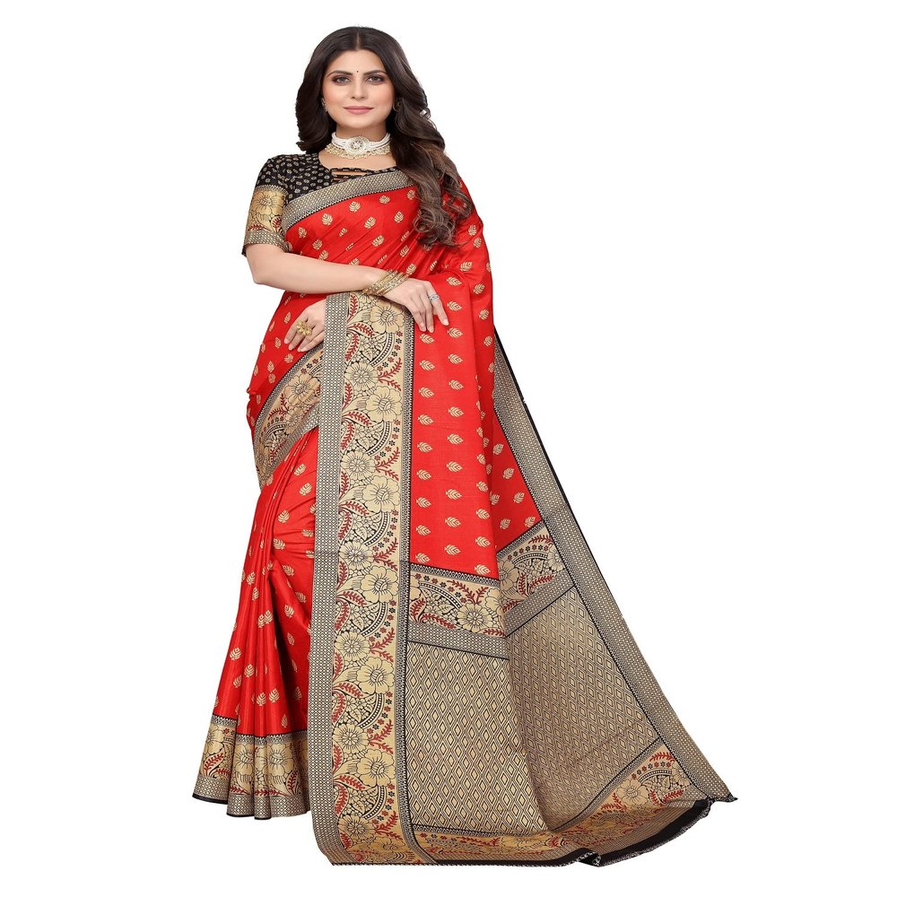 IMTRA FASHION Indian Traditional Red Printed Art Silk Saree with Blouse Piece-SELENA RED
