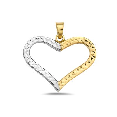 14K Two Toned Gold Half Silver Half Gold Daimond Cut Heart Pendant Model_X_Fashion-765