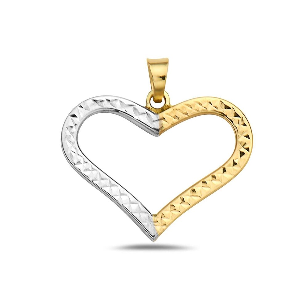 14K Two Toned Gold Half Silver Half Gold Daimond Cut Heart Pendant Model_X_Fashion-765
