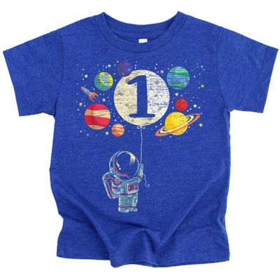 Olive Loves Apple 1st Birthday Rocket Astronaut Themed T-Shirts with Moon Balloon and Planets for Boys and Girls Vintage Royal Shirt 18 Months