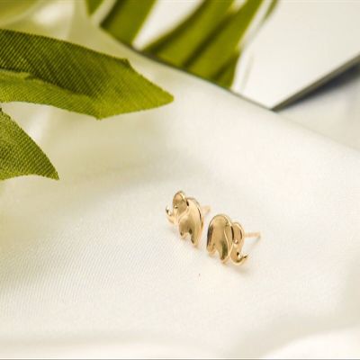 14K Solid Gold Cute Elephant Small Stud Earrings - With Gold Butterfly Backings Model_X_Fashion-365