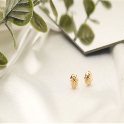 14K Solid Gold Lady Bug Small Stud Earrings - Gold Butterfly Backings Closure Model_X_Fashion-315