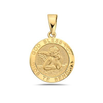14K Yellow Gold Small Round Guardian Angel Cherub God Bless You Pendant Model_X_Fashion-916