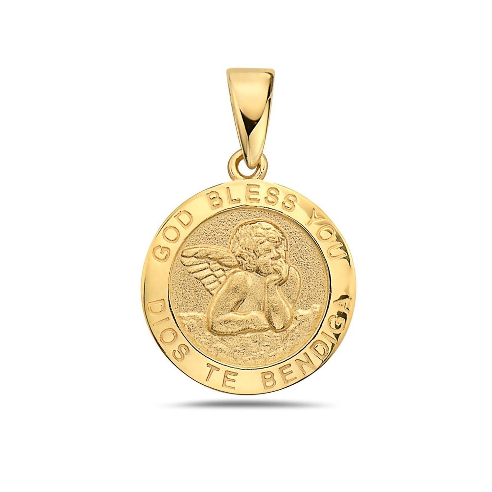 14K Yellow Gold Small Round Guardian Angel Cherub God Bless You Pendant Model_X_Fashion-916