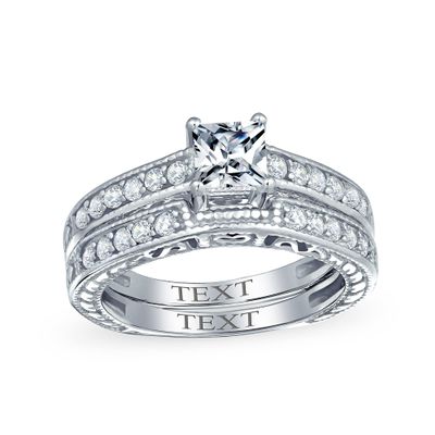 1.25CT Vintage Style Milgrain Simulated Blue Sapphire Alternating Three Stone Princess Solitaire AAA CZ Anniversary Engagement or Wedding Ring Set For Women .925 Sterling Silver Custom Engraved
