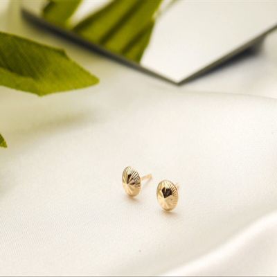 14K Solid Gold Diamond Cut Round Ball Small Stud Earrings - With Gold Butterfly Model_X_Fashion-320