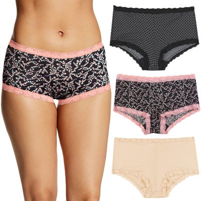 Maidenform Womens Microfiber Boyshort Panty Pack, One Fab Fit With Lace, Boy Short Panties, Geo Snow/Cherry Blossom/Latte Lift, Small US