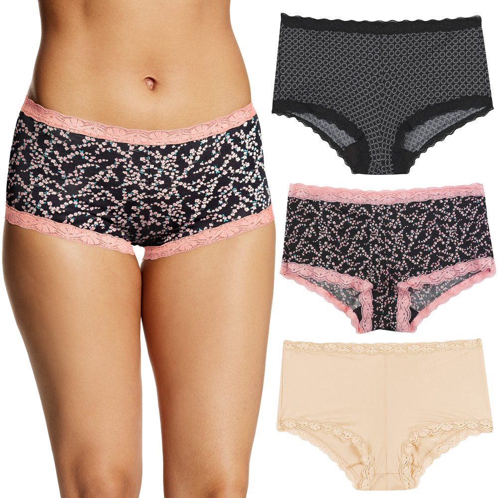 Maidenform Womens Microfiber Boyshort Panty Pack, One Fab Fit With Lace, Boy Short Panties, Geo Snow/Cherry Blossom/Latte Lift, Small US