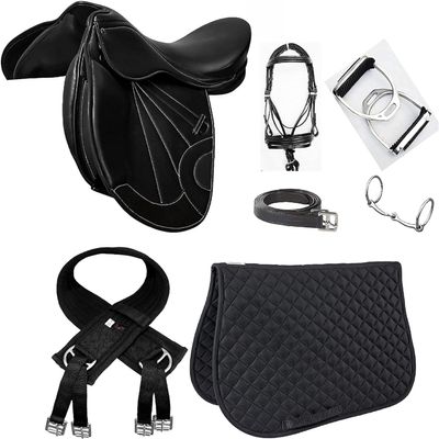 Lussoro Handmade All Leather Purpose English Close Contact Jumping Horse Saddle Tack Set Combo Starter Kit (Size 17)