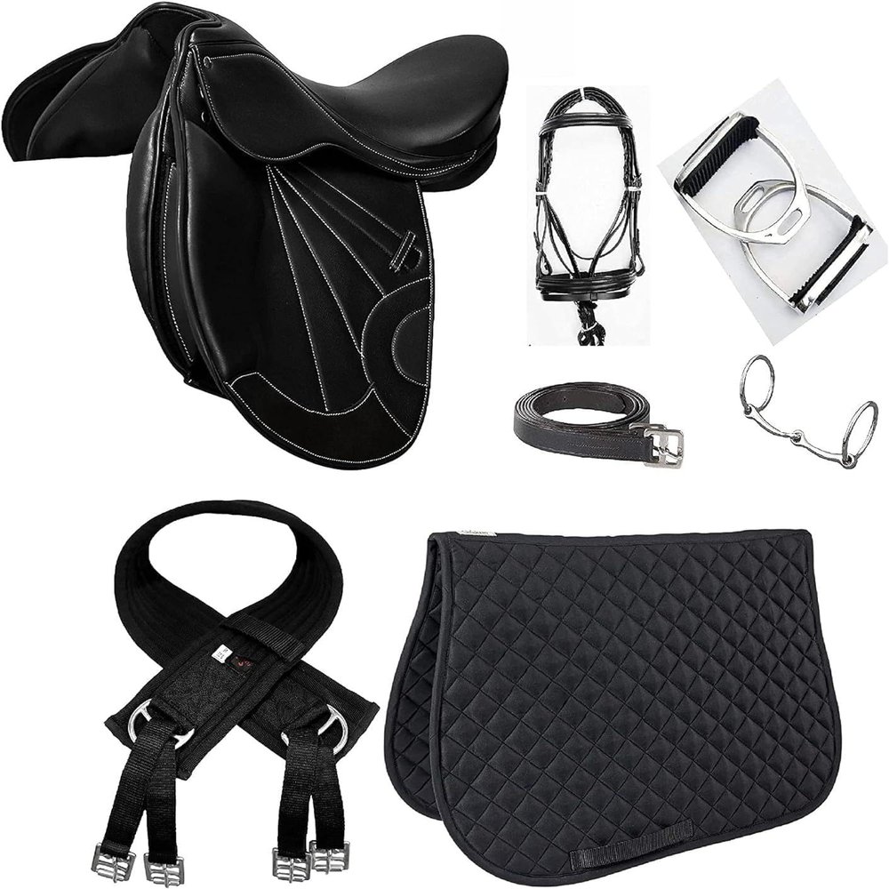 Lussoro Handmade All Leather Purpose English Close Contact Jumping Horse Saddle Tack Set Combo Starter Kit (Size 17)