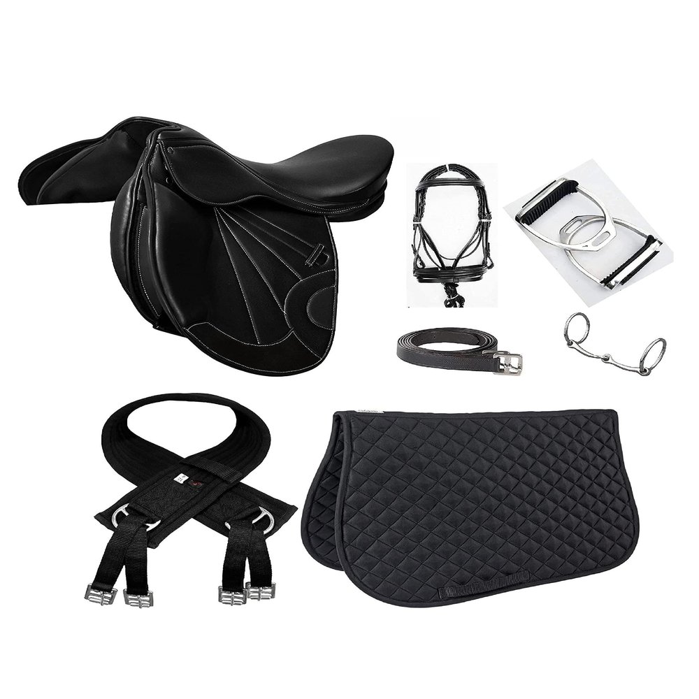 Lussoro Handmade All Leather Purpose English Close Contact Jumping Horse Saddle Tack Set Combo Starter Kit (Size 15)