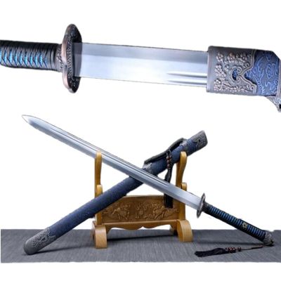 Chinese Qing Sword, Hand Forged High Carbon Steel Blade,Full Tang Jian with Blue Embossed Scabbard & Alloy Fittings, Collectible Martial Arts Practice Sword