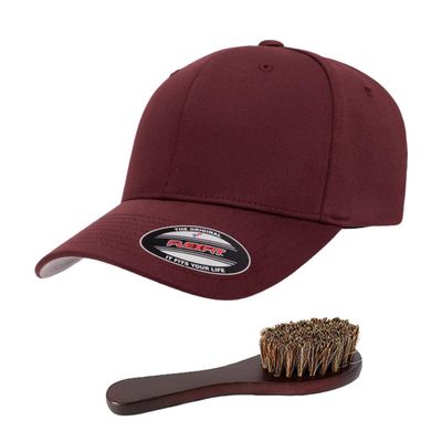 The Hat Pros Flexfit Wooly Combed Men's Athletic Stretch Fitted Baseball Cap Bundle with THP Hat & Clothing Brush (S-M|Maroon)