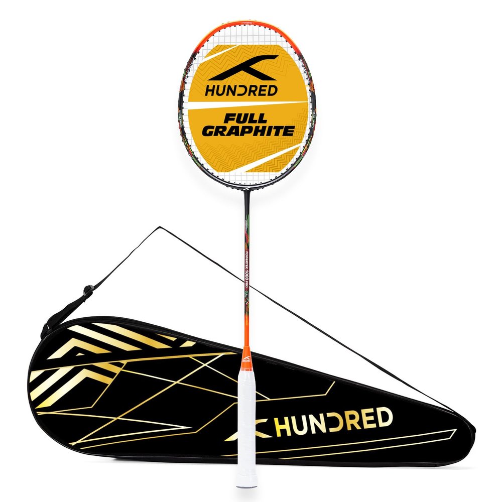 Hundred Powertek 1000 PRO Graphite Strung Badminton Racquet with Full Racquet Cover (Black-Orange)| for Intermediate Players | 95 Grams | Maximum String Tension: 26lbs
