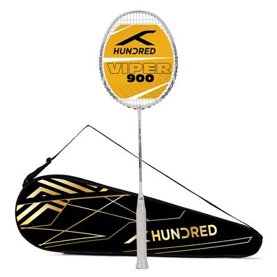 Hundred Viper 900 Carbon Fibre Strung Badminton Racket with Full Racket Cover (White/Blue) | for Intermediate Players | 79 Grams | Maximum String Tension - 32lbs