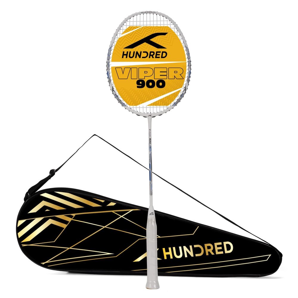 Hundred Viper 900 Carbon Fibre Strung Badminton Racket with Full Racket Cover (White/Blue) | for Intermediate Players | 79 Grams | Maximum String Tension - 32lbs