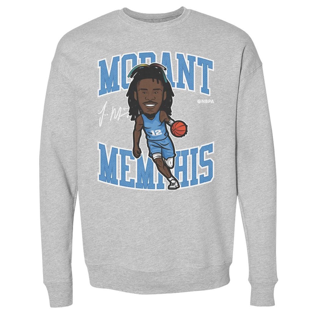 500 LEVEL Ja Morant Crewneck Sweatshirt - Ja Morant Memphis Toon WHT (Heather Gray, XX-Large)