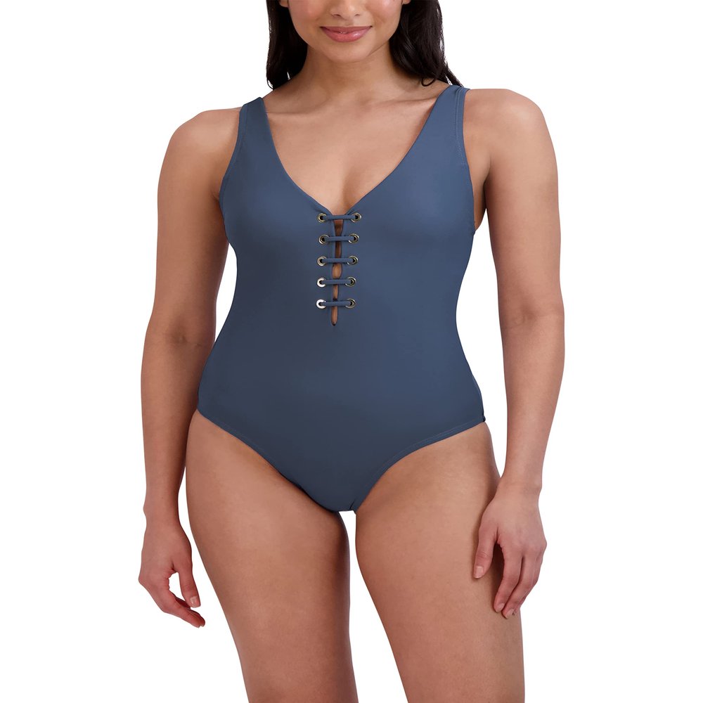 BCBGMAXAZRIA Women's Standard One Piece Swimsuit Lace Up Grommet Tummy Control Quick Dry Bathing Suit, Storm Grey