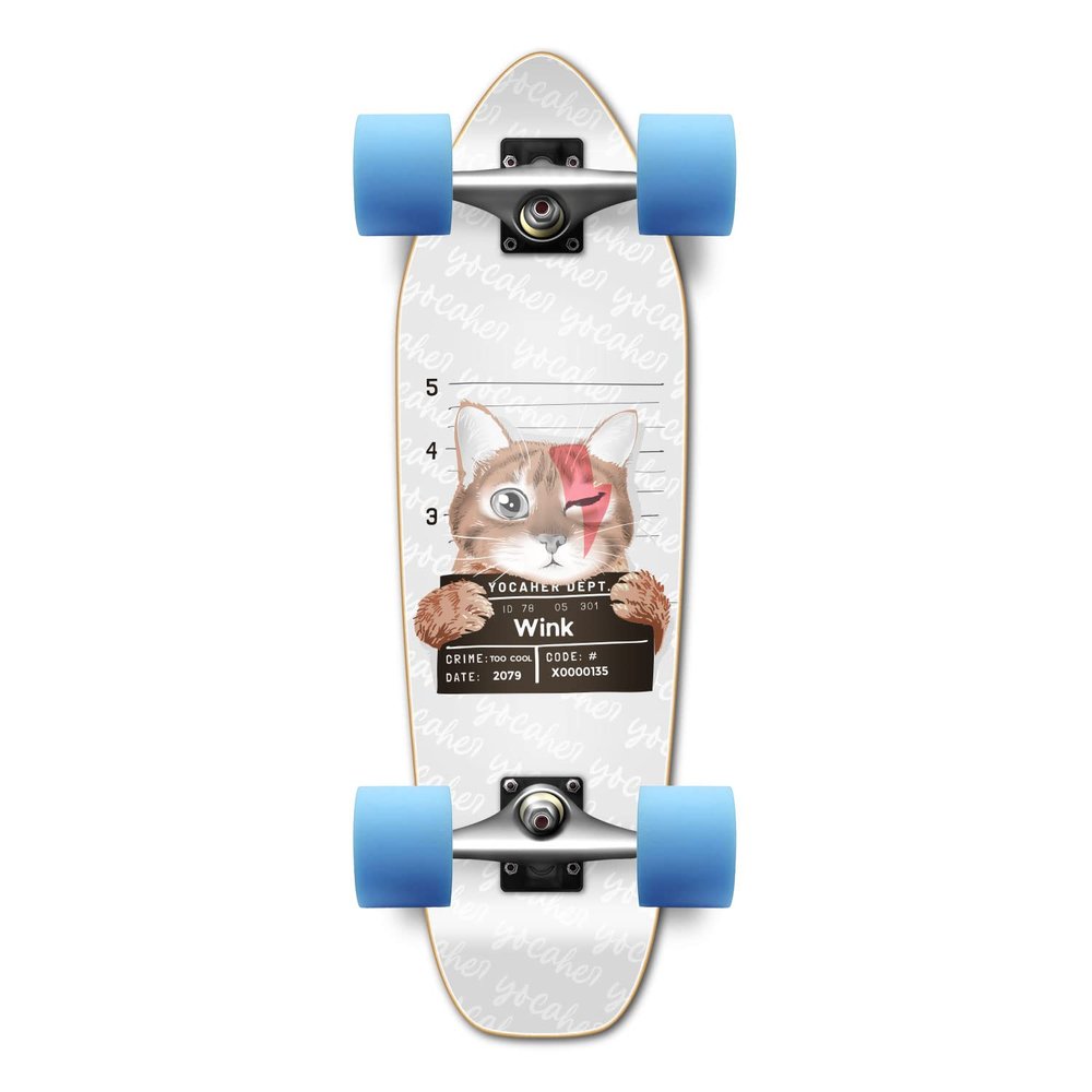 Yocaher Longboard Complete Mini Cruiser 27" x 8" w/Premium Black Grip Tape, Heavy Duty Aluminum Alloy Truck, 62mm Wheels, ABEC -9 Bearings - Rockstar Kitty Cat - White Wink