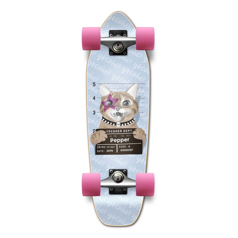 Yocaher Longboard Complete Mini Cruiser 27" x 8" w/Premium Black Grip Tape, Heavy Duty Aluminum Alloy Truck, 62mm Wheels, ABEC -9 Bearings - Rockstar Kitty Cat - Purple Pepper