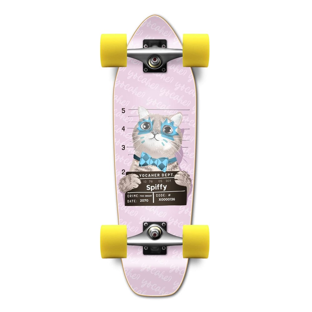 Yocaher Longboard Complete Mini Cruiser 27" x 8" w/Premium Black Grip Tape, Heavy Duty Aluminum Alloy Truck, 62mm Wheels, ABEC -9 Bearings - Rockstar Kitty Cat - Pink Spiffy