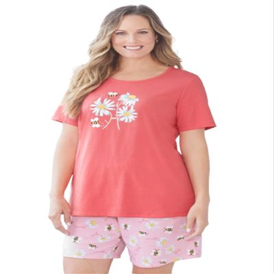 Dreams & Co. Plus Size Knit Pj Short Set - 2X, Sweet Coral Bees