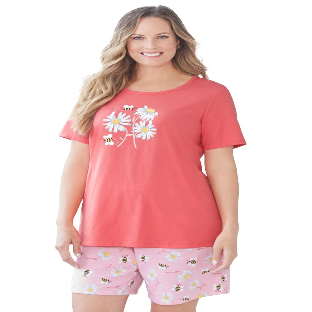 Dreams & Co. Plus Size Knit Pj Short Set - 2X, Sweet Coral Bees