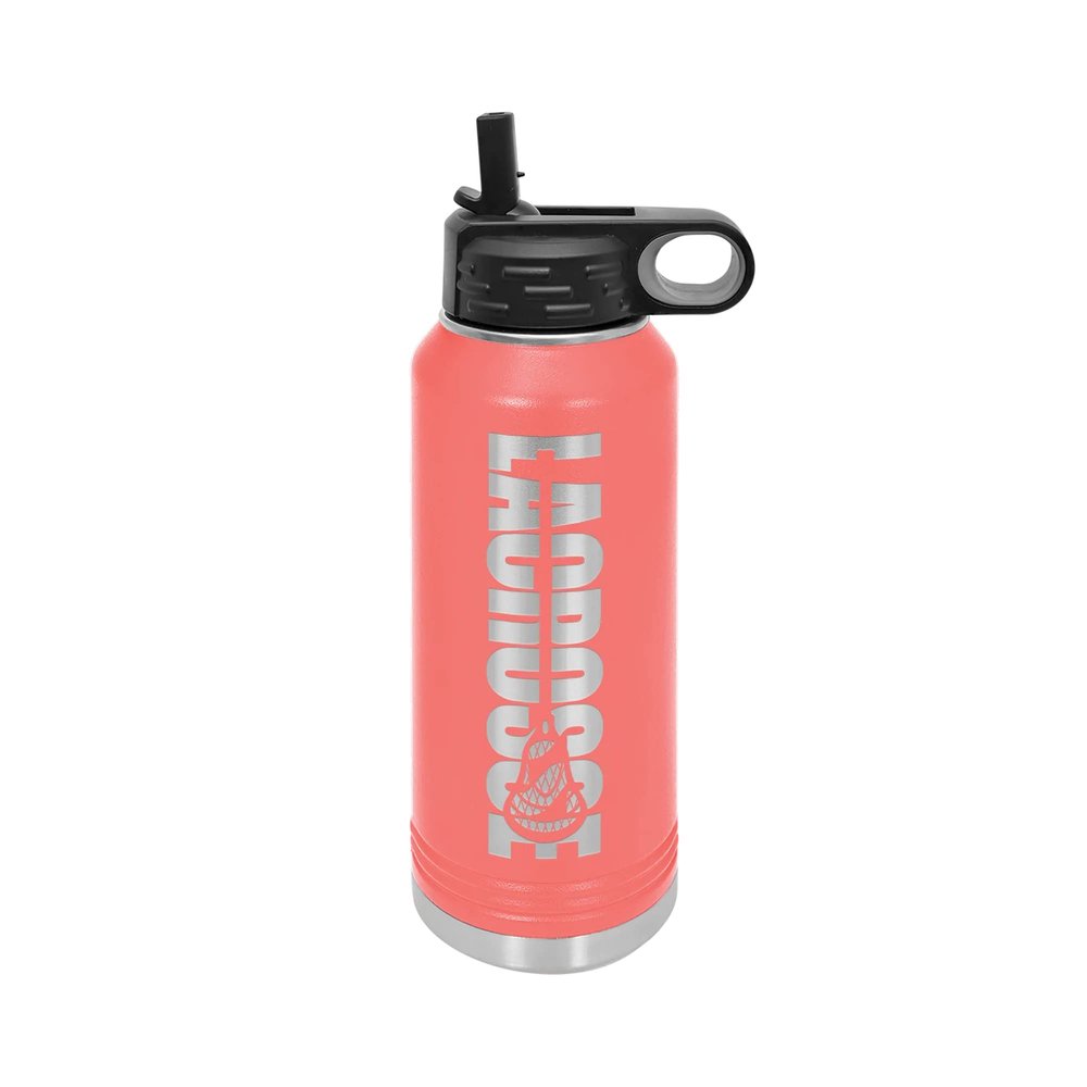 JFWcreations Lacrosse Water Bottle - Lacrosse Gift - 32oz Insulated Engraved Stainless Steel Flip Top with Straw Coral