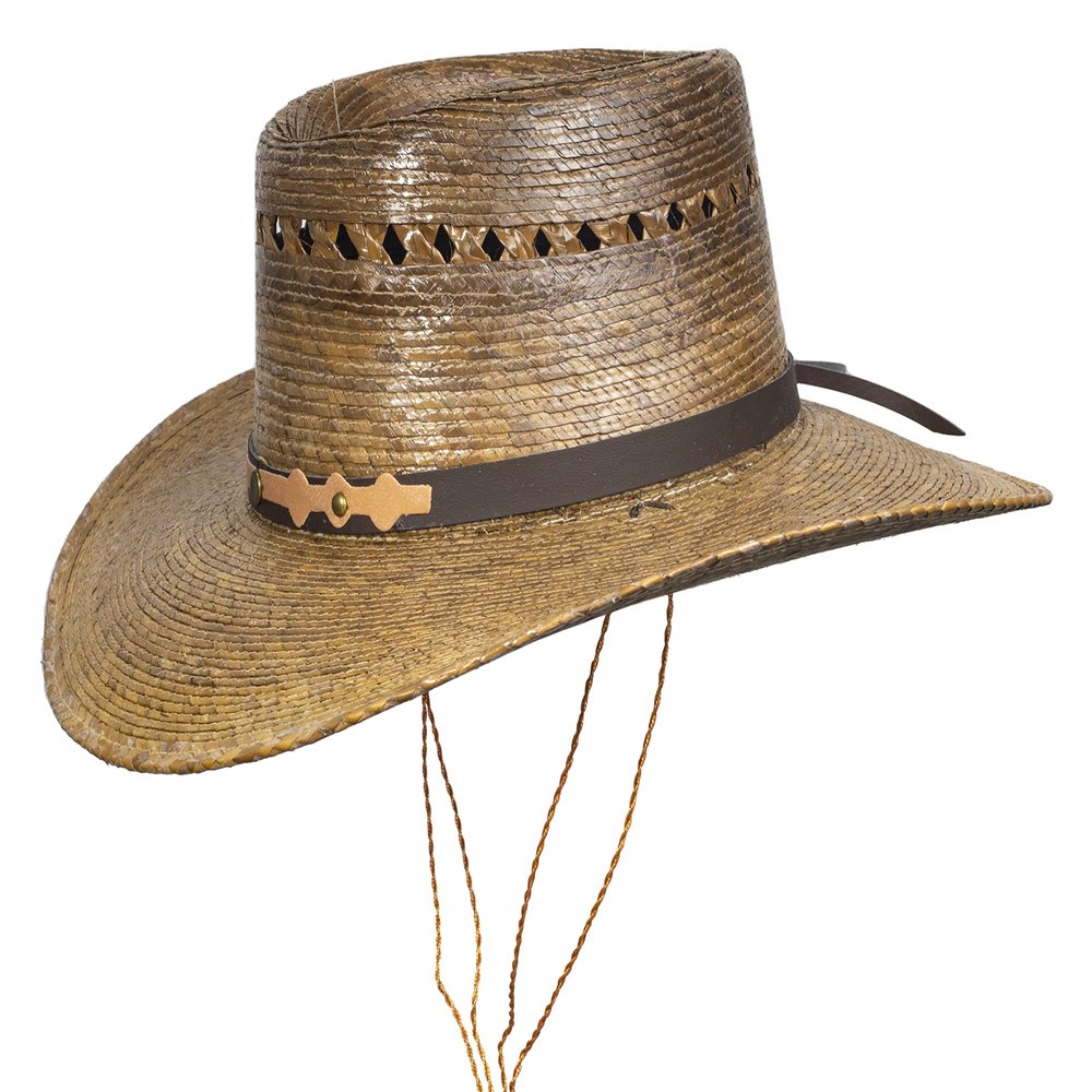 MexART Mexican Palm Leaf Cowboy Hat Dark Natural Straw Wide Brim with Chin Strap Sombrero Baquero de Palma Oscuro Natural