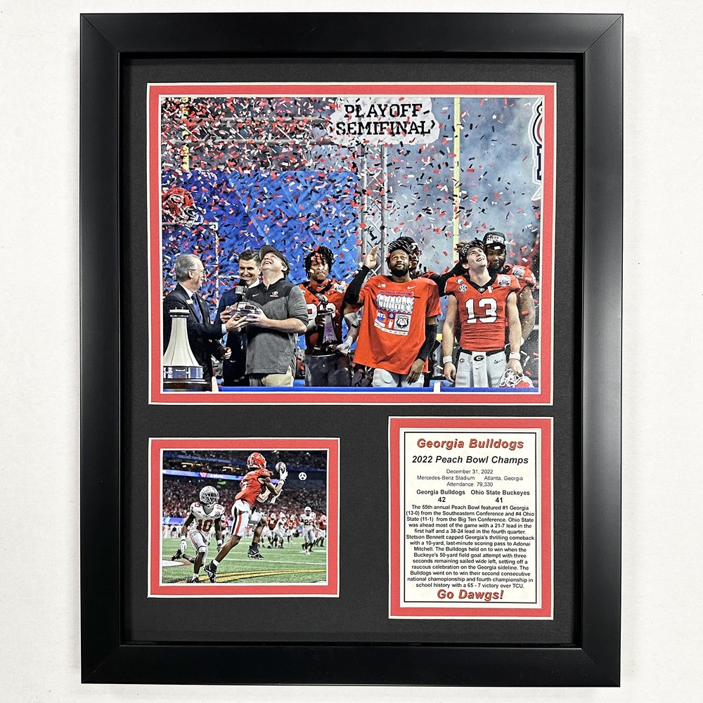 Legends Never Die, Inc. Georgia Bulldogs | 2022 Peach Bowl Champions | 2022 CFP National Champions |12"x15" Framed Photo Collage Under Glass