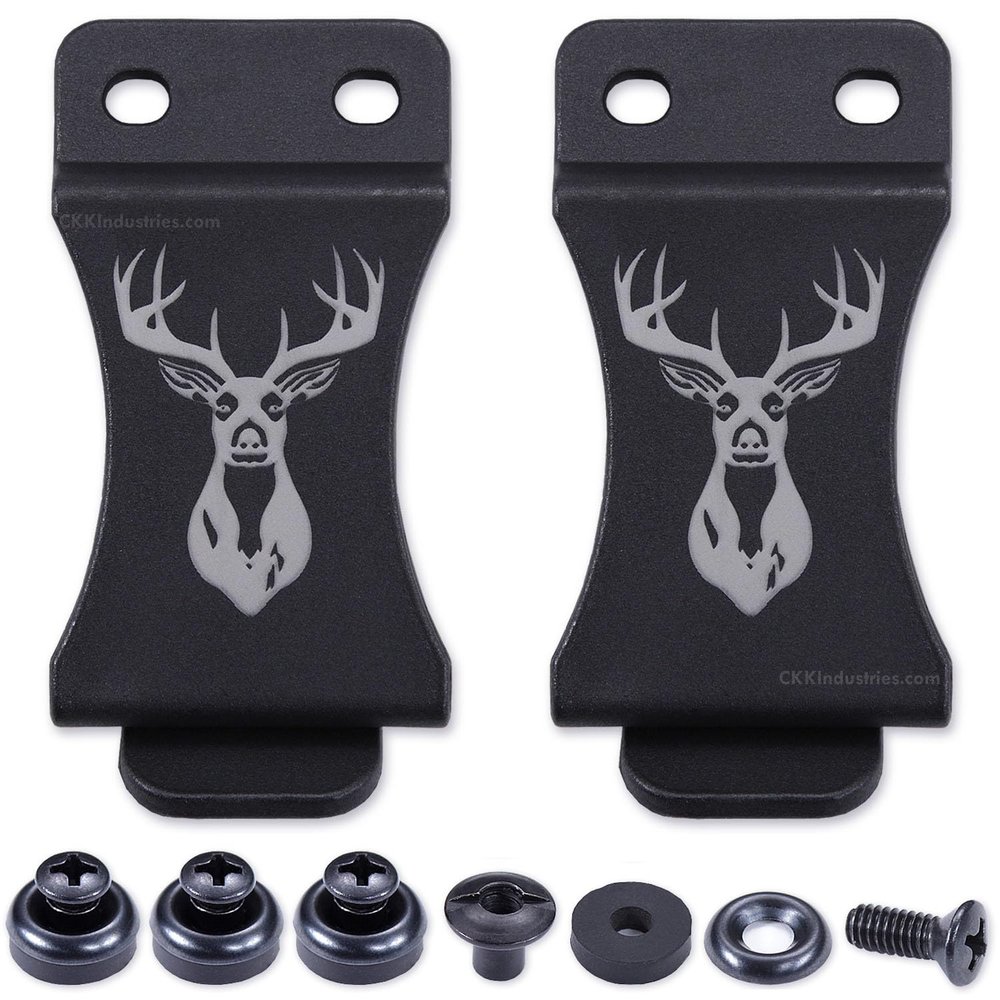 KYDEX Belt Clip for Holsters & Sheaths (w/Buck Engraving) - (Fits 1.75in Belts) - (Inside-The-Waistband/IWB) - (USA Made) - (w/Mounting Hardware) - (2 Pack)