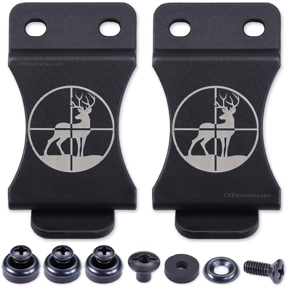 KYDEX Belt Clip for Holsters & Sheaths (w/Crosshair Buck Engraving) - (Fits 1.50in Belts) - (Inside-The-Waistband/IWB) - (USA Made) - (w/Mounting Hardware) - (2 Pack)