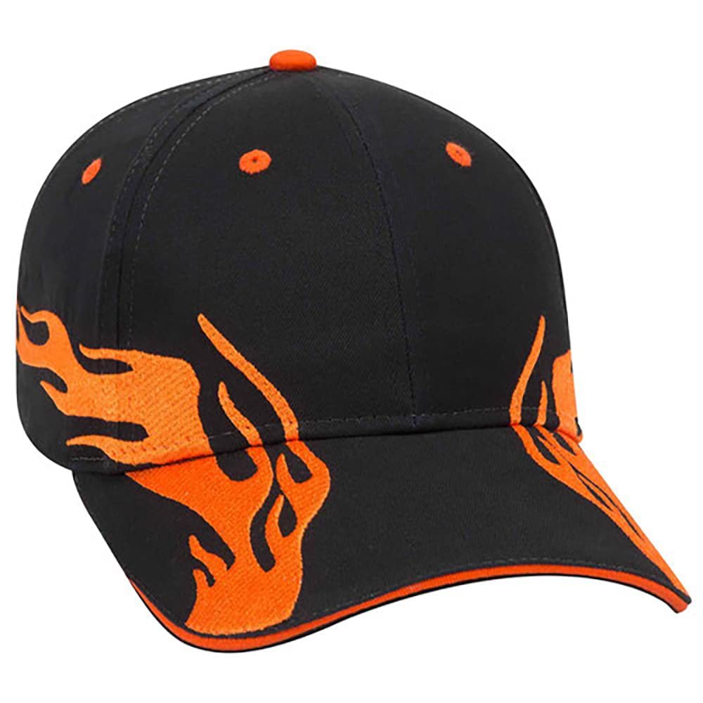 Ashen Fane Flame Design 6 Panel Structured Low Profile Brushed Cotton Twill Baseball Hat, Blk/B.Org/B.Org