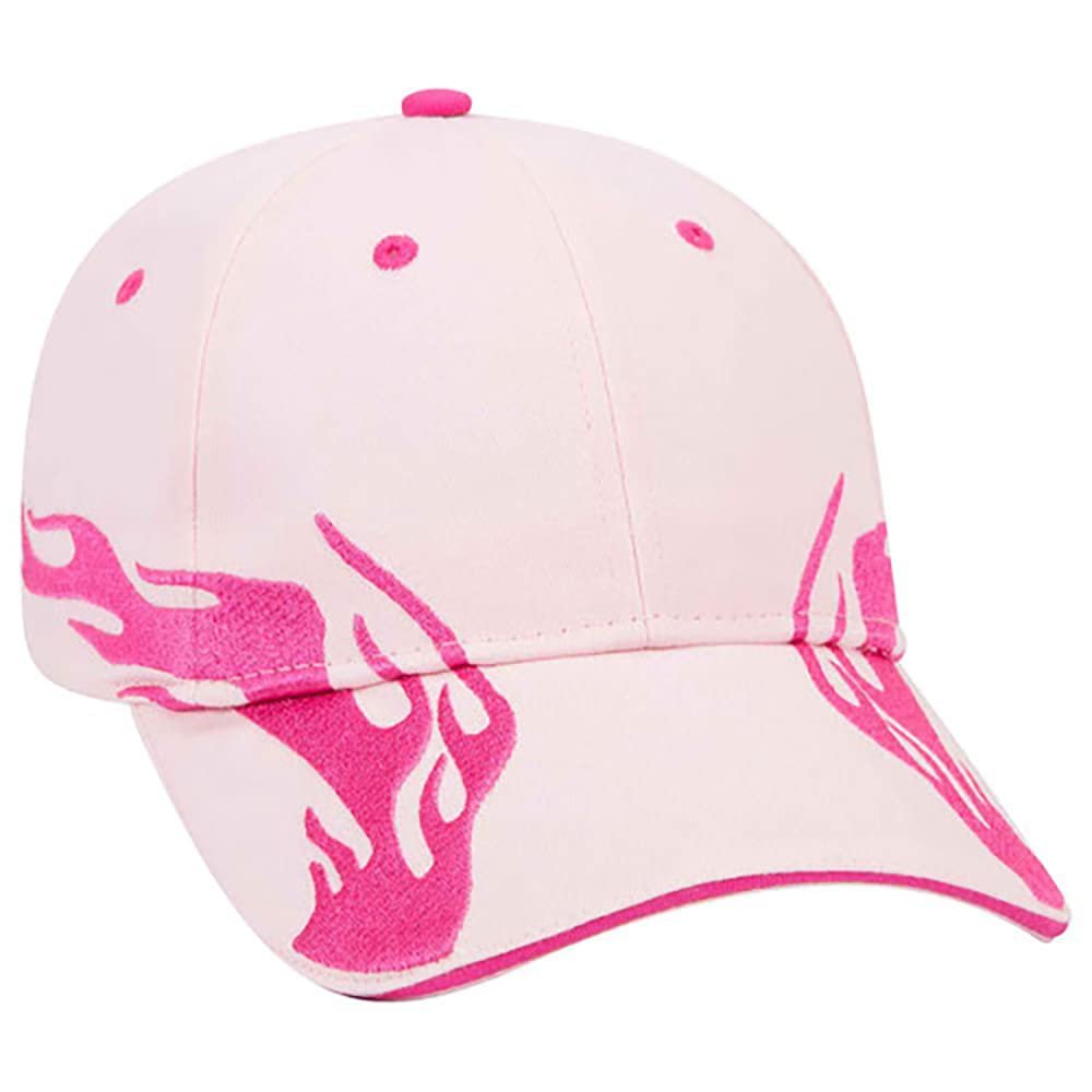 Ashen Fane Flame Design 6 Panel Structured Low Profile Brushed Cotton Twill Baseball Hat, S.Pnk/H.Pnk/H.Pnk
