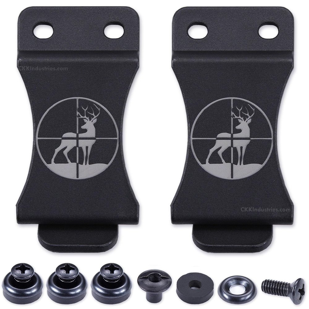 KYDEX Belt Clip for Holsters & Sheaths (w/Crosshair Buck Engraving) - (Fits 1.75in Belts) - (Inside-The-Waistband/IWB) - (USA Made) - (w/Mounting Hardware) - (2 Pack)