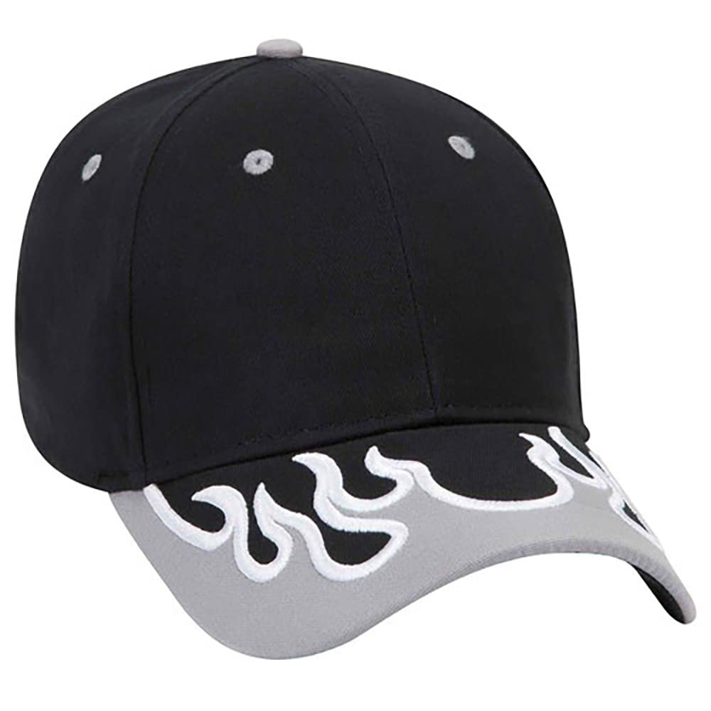 Ashen Fane Flame Design 6 Panel Structured Low Profile Brushed Cotton Twill Baseball Hat, Blk/Gry/Wht