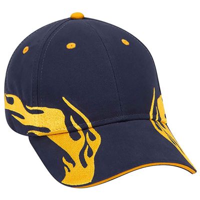 Ashen Fane Flame Design 6 Panel Structured Low Profile Brushed Cotton Twill Baseball Hat, NVY/Gld/Gld