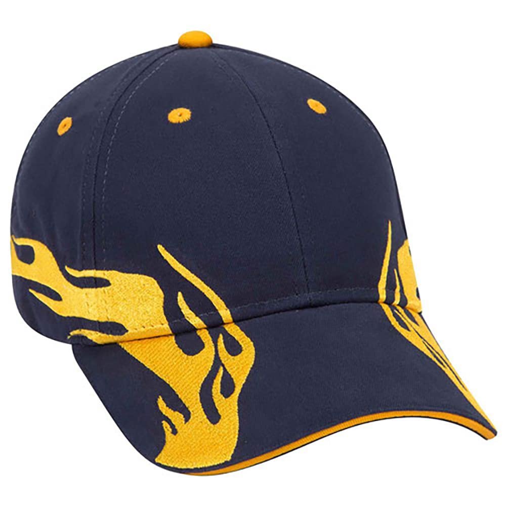 Ashen Fane Flame Design 6 Panel Structured Low Profile Brushed Cotton Twill Baseball Hat, NVY/Gld/Gld